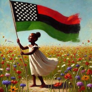 May include: An artistic painting depicts a young person holding a flag with the stars and stripes of the American flag, but with the colors of the Pan-African flag. The person is in a field of colorful wildflowers, with a bright blue sky in the background.