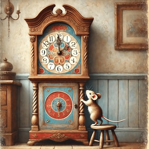 Vintage Mouse Clock Print: Hickory Dickory Dock Nursery Art (Digital Download)