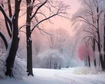 Winterwald bei Sonnenuntergang Kunstdruck: rosa verschneite Himmelslandschaft (Digital Download)