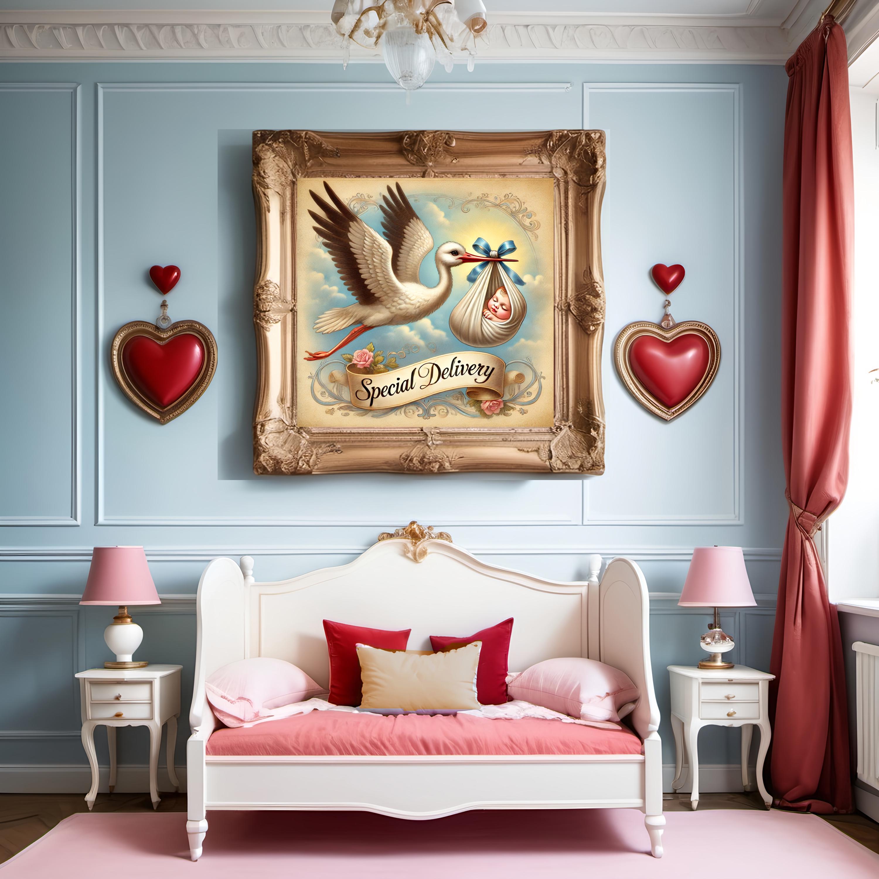 絵画 Storivk10 Vintage Stork Baby Print: Victorian Nursery Wall Art (digital