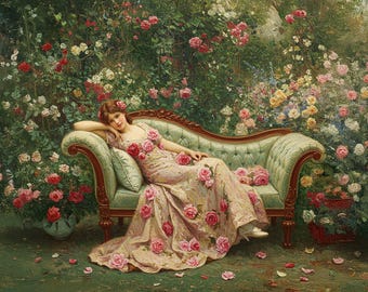 Printable Lounging in the Rose Garden Greeting Card: Vintage Romantic Floral Art Elegant Valentine Card Digital Download