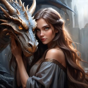 Sorceress and Dragon Art Print Mystical Fantasy Wall Decor Digital Magic Woman Printable Gothic Witch Artwork Enchanted Creature Scene Gift