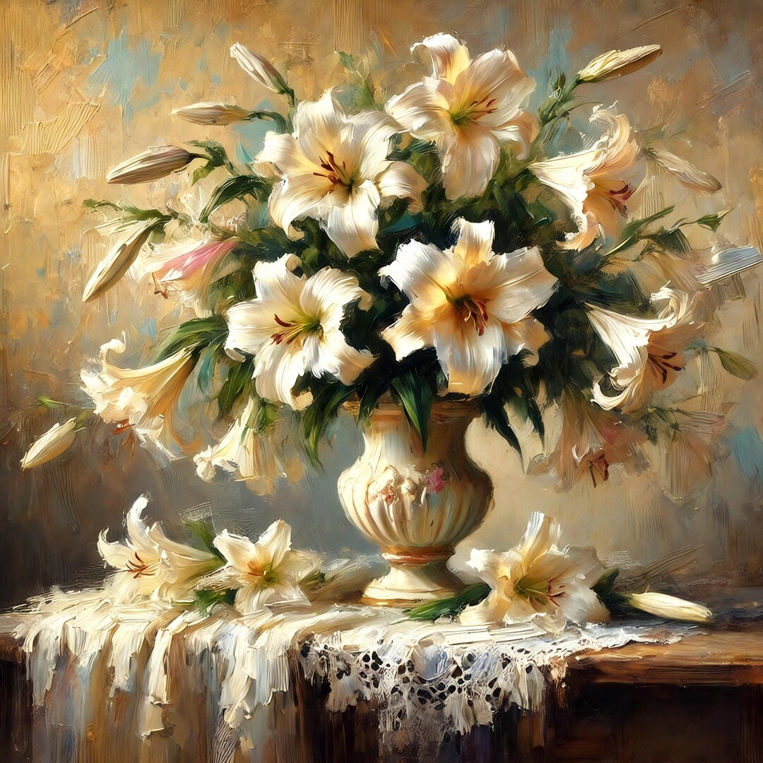 Vintage Easter Lily Still Life Digital Print White Floral Bouquet Wall ...