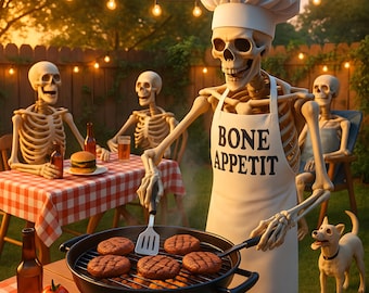 Divertente stampa con scheletro per barbecue: decorazione spettrale per il giardino di Halloween (download digitale)