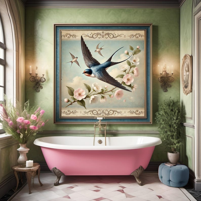 Pu&ograve; includere: Una vasca da bagno rosa con piedini a zampa &egrave; il punto focale di un bagno dall'estetica vintage. Un dipinto incorniciato di rondini e fiori &egrave; appeso sopra la vasca. La stanza presenta pareti verdi, applique e un piccolo pouf blu.