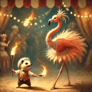 May include: A whimsical circus scene featuring a flamingo adorned with jewels and a hedgehog in a waistcoat juggling fire. The background includes a crowd, stage lights, and a red and white striped awning, creating a vintage aesthetic.