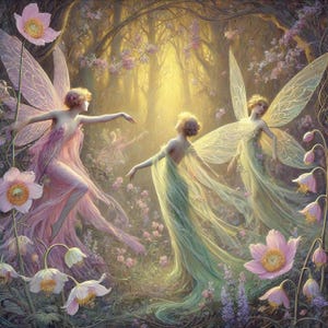 Sztuka ścienna wróżki Fantasy Forest Fairies Digital Download Ethereal Flower Fairy Print Fantastyczna sztuka wiosenna Zaczarowany wystrój lasu Prezent