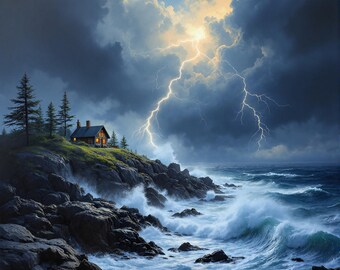 Stormy Seascape Print: Lighthouse, Coastal Cottage, Lightning (Digital Download)