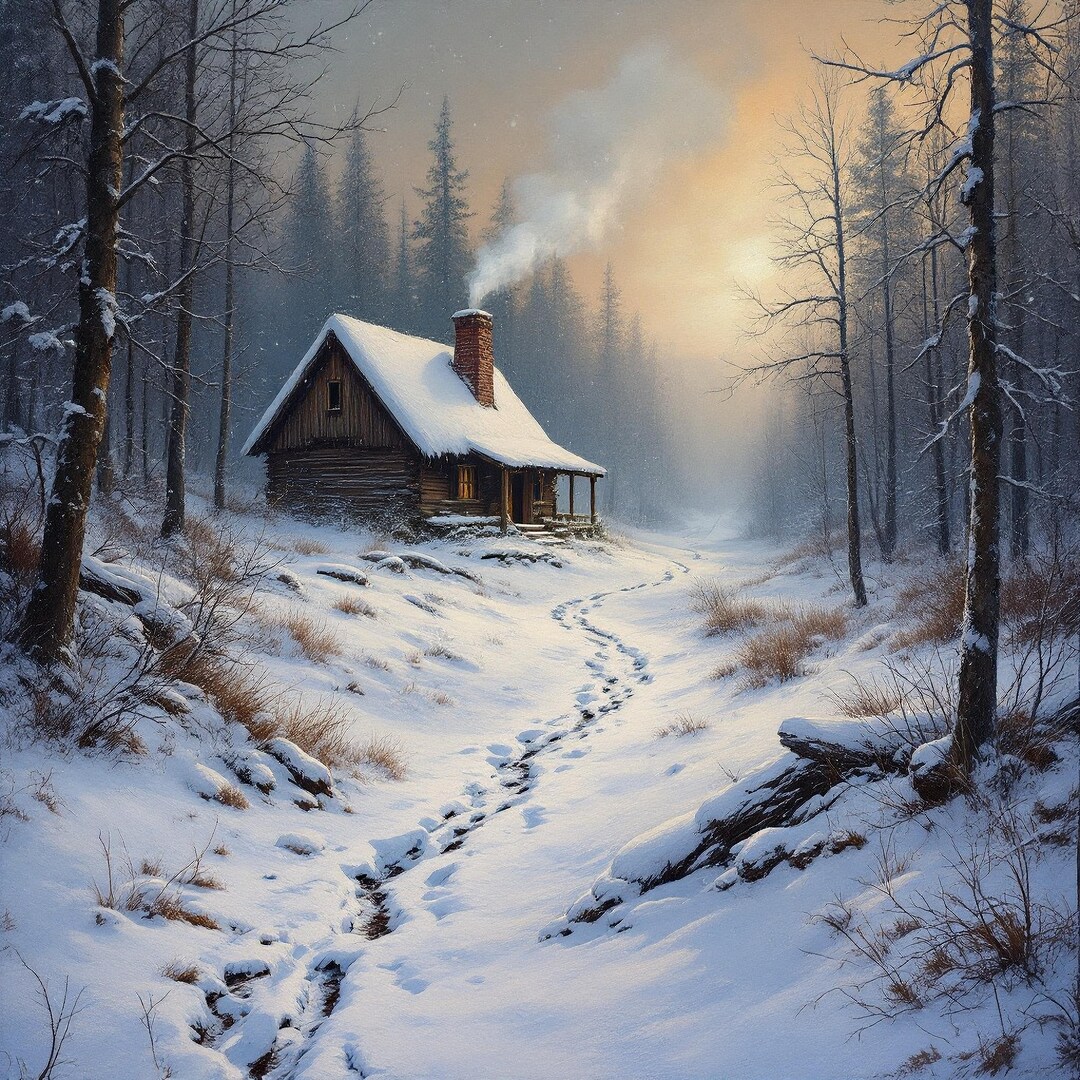 Winter Cabin in the Woods Art Print: Peaceful Snow Landscape Painting ...