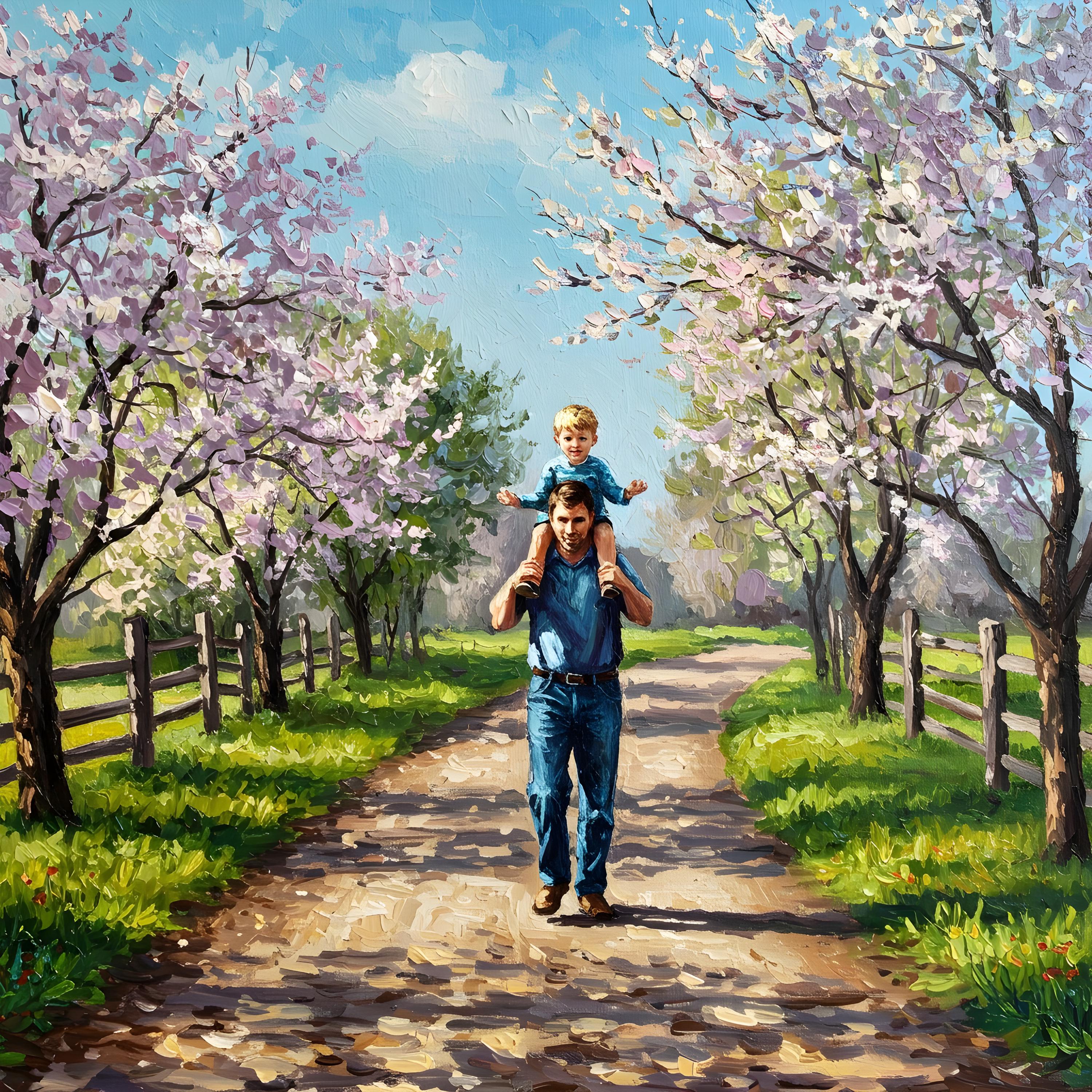 Father & Son Spring Walk Painting: Vintage Style Art Print