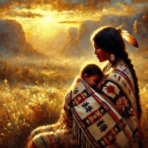 Könnte beinhalten: Eine indianische Frau in traditioneller Kleidung hält ein schlafendes Kind in ihren Armen. Die Frau trägt eine bunte Decke mit komplizierten Mustern. Der Hintergrund ist ein sanfter, goldener Sonnenuntergang.