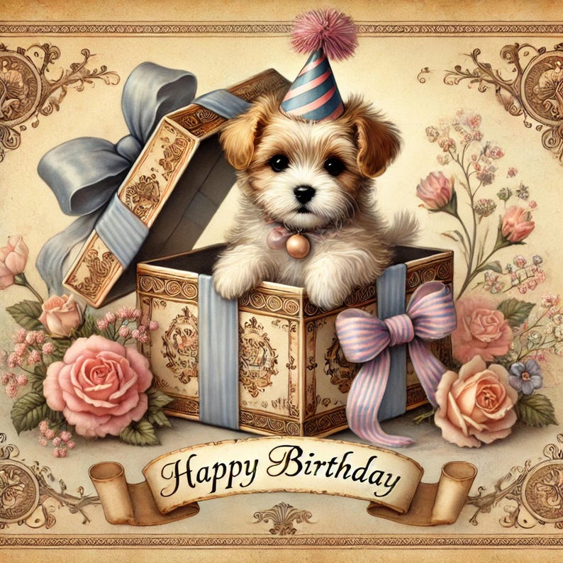 Peut inclure: Un chiot portant un chapeau de fête est assis dans une boîte cadeau décorative avec un ruban bleu. La boîte est entourée de roses roses et des mots "Happy Birthday" sur une bannière.