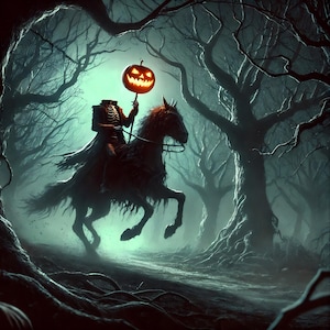 Headless Horseman Print: Gothic Halloween Art, Dark Forest Decor (Digital Download)