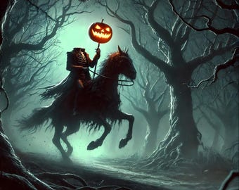 Headless Horseman Print: Gothic Halloween Art, Dark Forest Decor (Digital Download)
