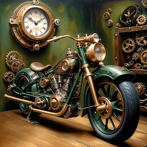 Steampunk Motorcycle Art Print Vintage Clockwork Wall Art Industrial Fantasy Wall Decor Digital Download Unique Gift for Him Steampunk Lover