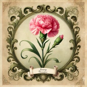 January birth flower carnation print vintage botanical art pink floral wall decor digital download birth month gift ornate printable gift