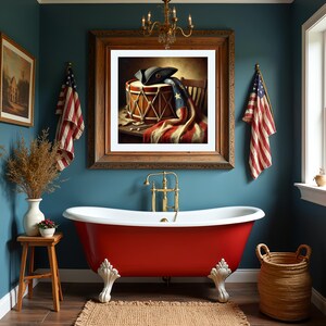 May include: A red clawfoot bathtub with white feet sits in a teal bathroom. Above it, a framed print displays a colonial drum, a tricorn hat, and an American flag. Two American flags hang on the walls, and a wooden stool holds a vase with dried plants.