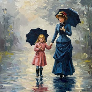 Mother and daughter walk in rain vintage painting umbrella scene digital wall art cozy Victorian printable rainy day decor