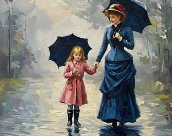 Victorian Mother and Daughter Rainy Day Painting (Digital Download)