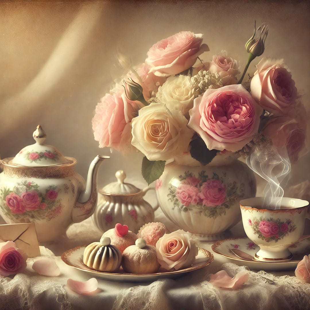 Vintage Valentine Tea and Roses Print: Romantic Floral Still Life ...