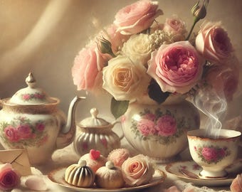 Lámina vintage de té y rosas para San Valentín: Bodegón floral romántico (Descarga digital)
