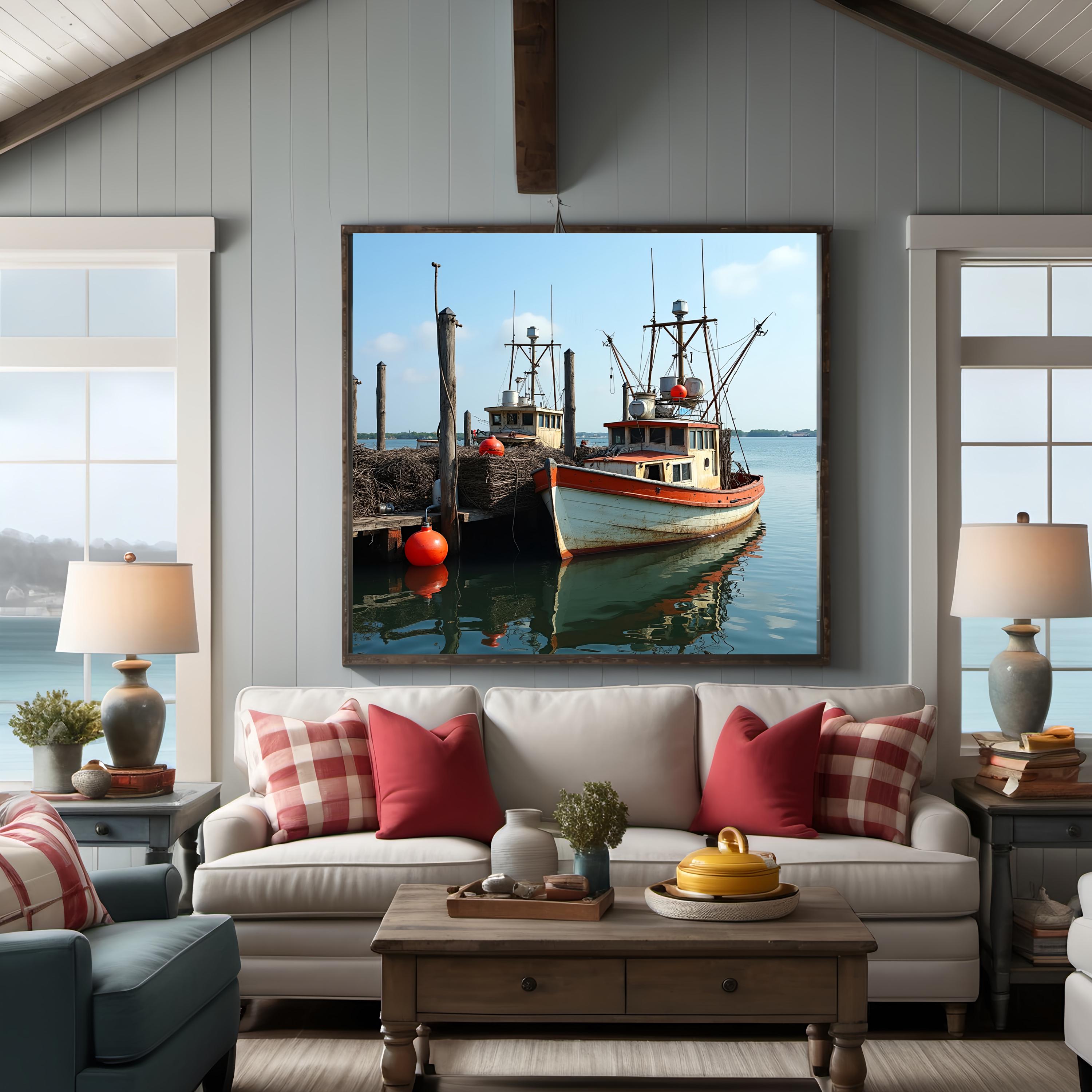 Vintage Lobster Boats by Dock, Rustic Nautical Art, Coastal Wall Decor