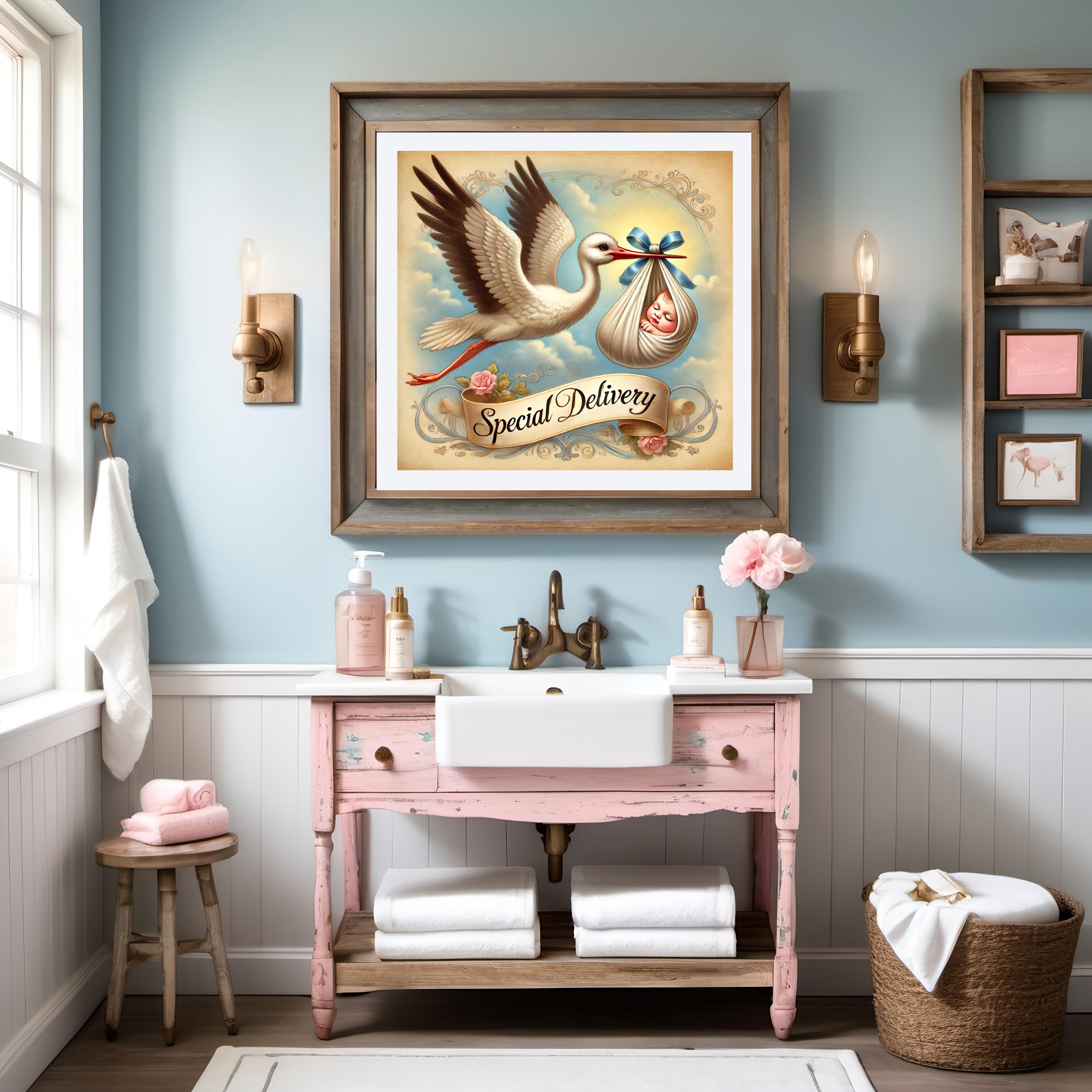 Vintage Stork Baby Print: Victorian Nursery Wall Art (digital
