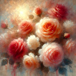 May include: A painting of a bouquet of roses in various shades of pink, red, and white. The roses are arranged in a loose, natural style, and the background is a soft, muted color.