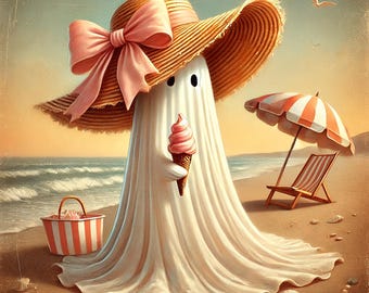 Whimsical Ghost Beach Art: Halloween Summer Print (Digital Download
