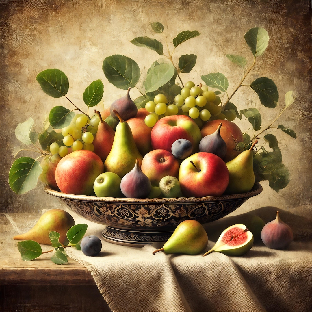 Vintage Still Life Fruit Bowl Digital Print Rustic Elegance With Apples ...