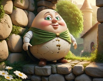 Puede incluir: Un personaje redondo con forma de huevo, superficie de cáscara blanca agrietada, capa verde y zapatos marrones. El personaje tiene grandes ojos verdes, mejillas sonrosadas y una nariz pequeña, de pie sobre un muro de piedra junto a un arco.