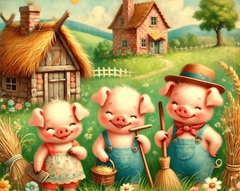 Drei kleine Schweinchen Kinderzimmer Poster: Märchenbuch Wandbild (Digitaler Download)