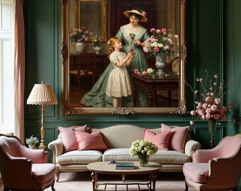 ヴィンテージな母娘の花の絵画：ビクトリア朝の室内装飾（デジタル