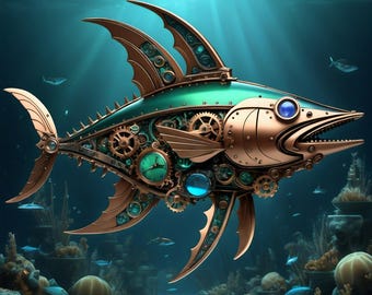 Steampunk Mechanical Fish Art: Nautical Sci-fi Print (digital