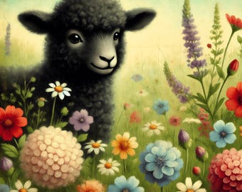Whimsical Rainbow Sheep Nursery Print: Vintage Floral Wall Art (Digital Download