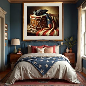 May include: A framed wall art print depicting a colonial-style drum with a tricorn hat and an American flag draped over it. The artwork is displayed above a bed featuring a blue throw blanket with white stars and a set of red and beige pillows.