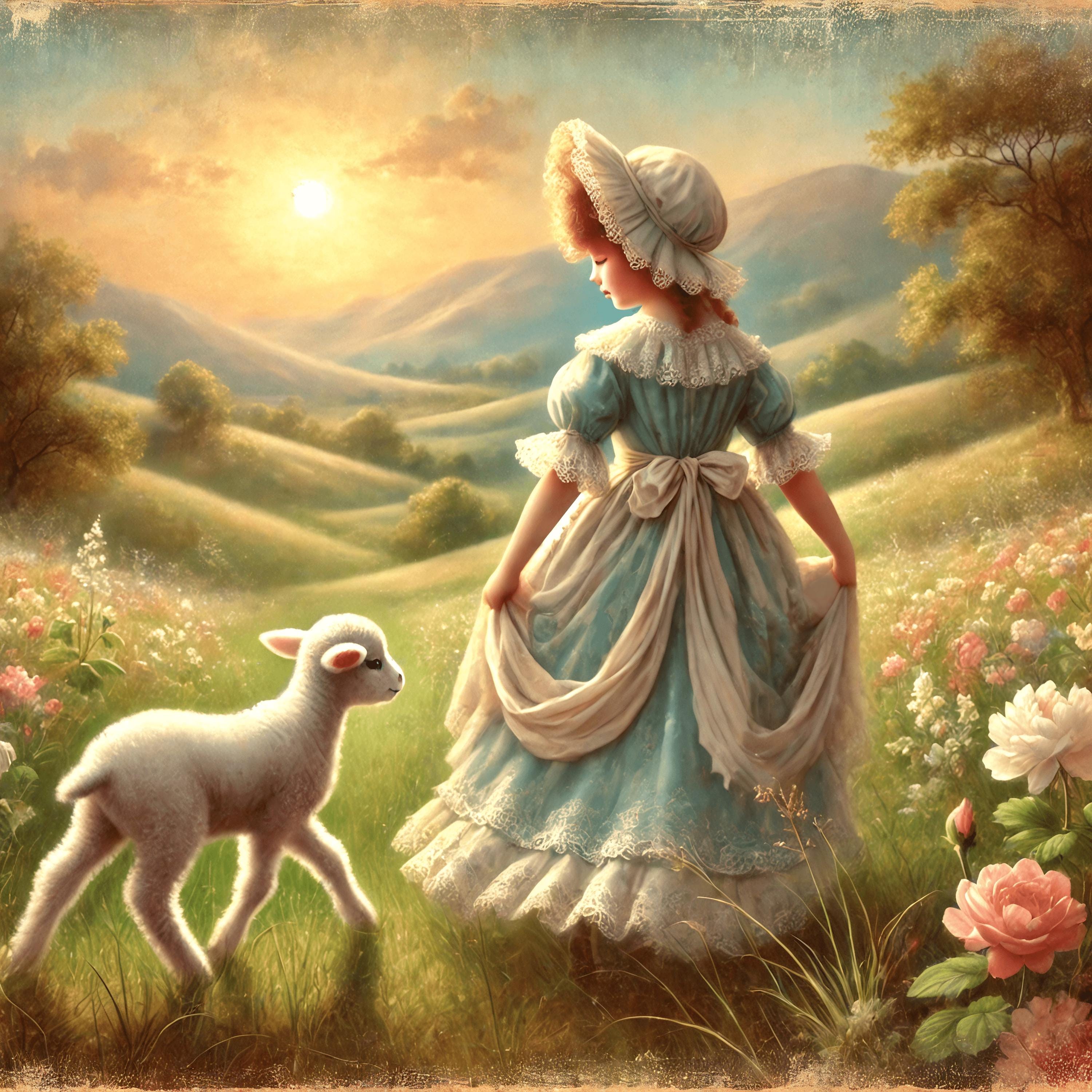 Vintage Girl and Lamb Art Print: Pastoral Nursery Decor (digital