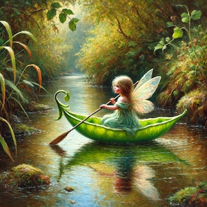 May include: A digital painting of a small figure with translucent wings sitting in a green leaf-shaped boat on a calm stream. The figure wears a light green dress and uses a long wooden stick as an oar to navigate the water through a lush forest.
