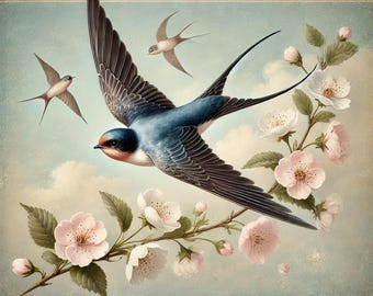 Stampa vintage con rondini in fiore di ciliegio: arte murale con uccelli primaverili (download digitale)