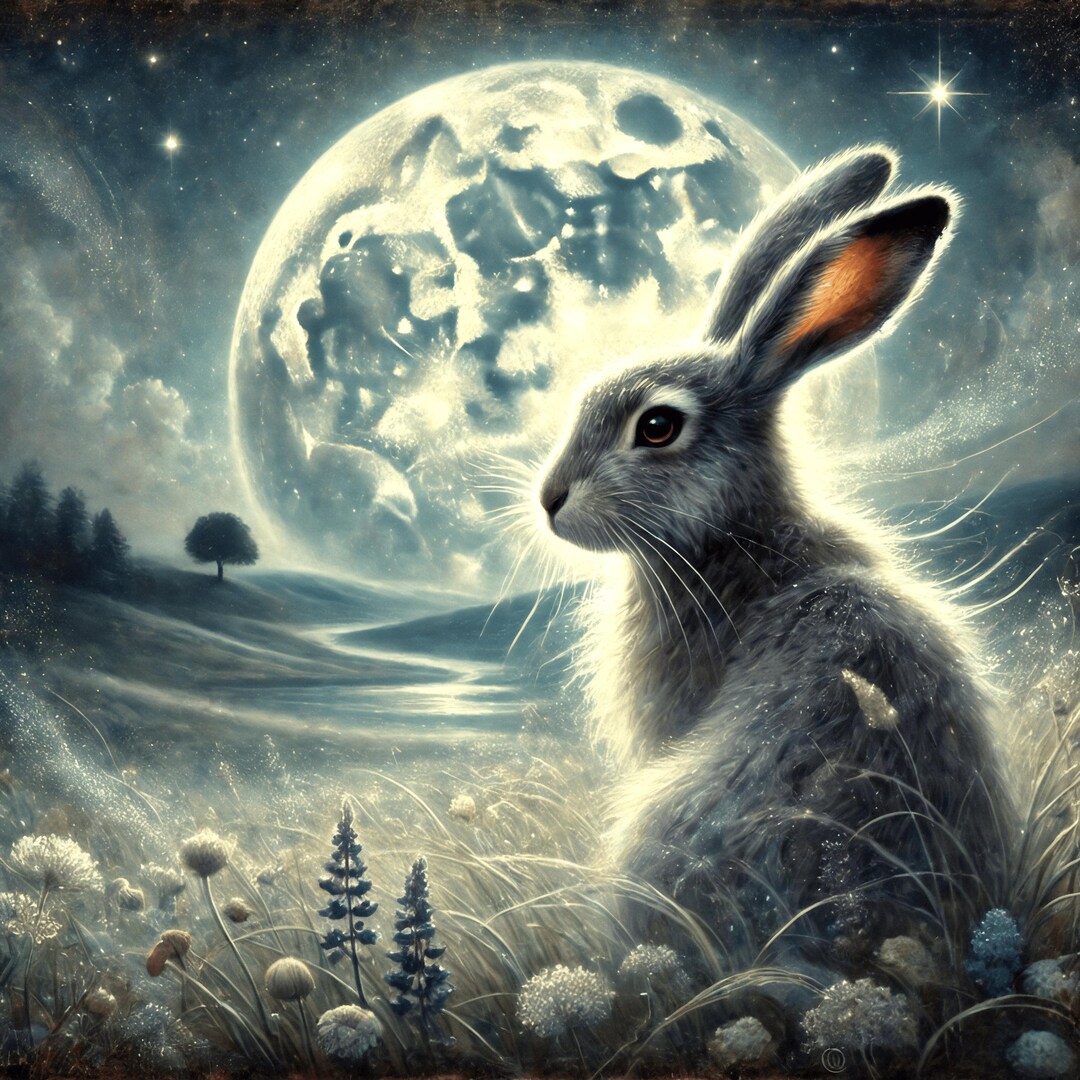 Moonlit Hare Wall Art Rabbit Under Starry Sky Digital Print Fantasy ...
