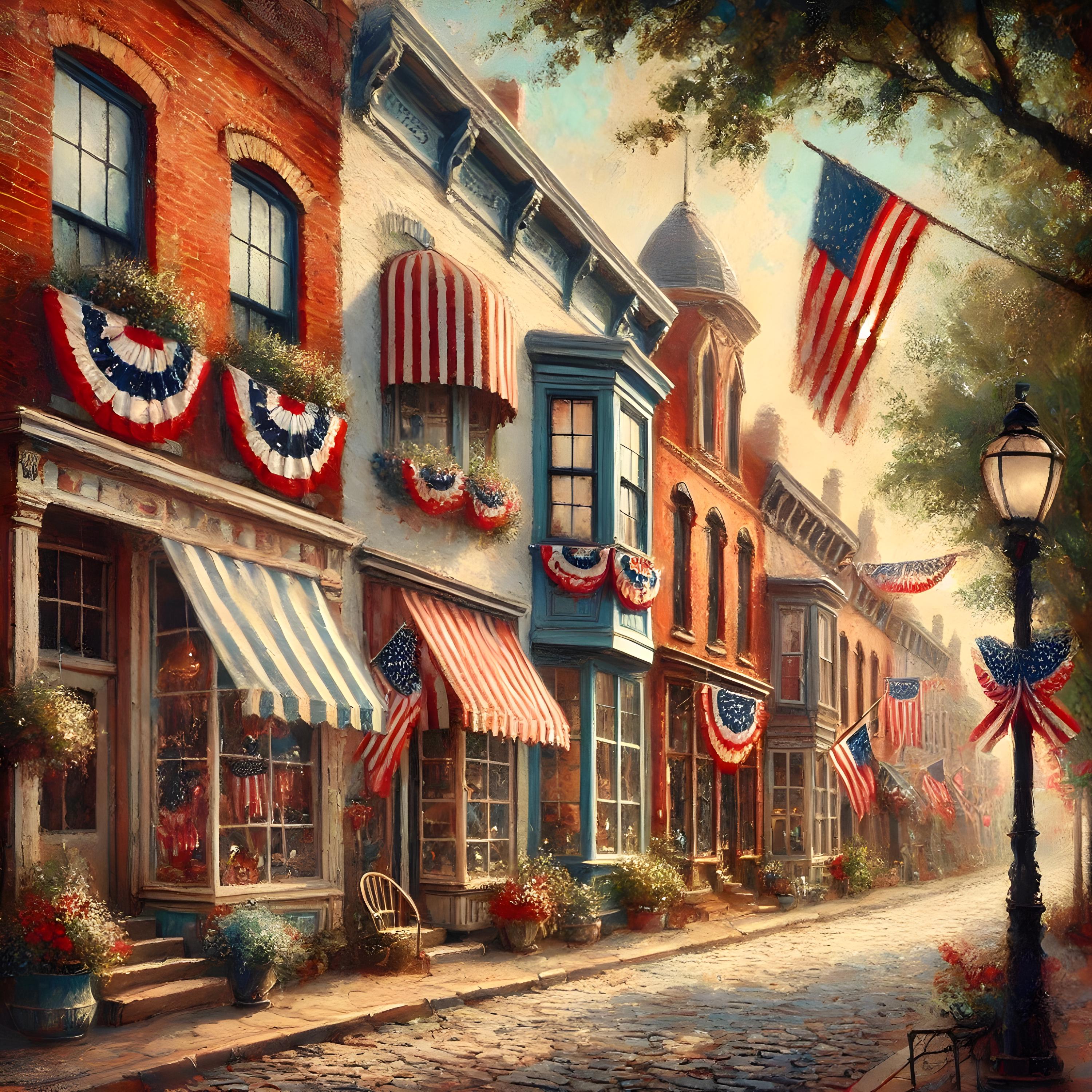 Patriotic Town Street Scene: Vintage Americana Wall Art (digital