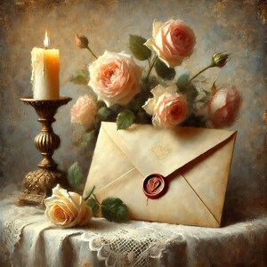 Impresión digital con carta de amor de San Valentín vintage, arte de pared romántico, idea de regalo, rosas y velas, naturaleza muerta, pintura impresionista, regalo de San Valentín