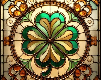 May include: A square stained glass panel featuring a central four-leaf clover motif in shades of emerald green and cream. The design is encased in a circular frame with intricate amber-colored scrollwork and geometric borders in black metal.