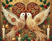 Two Turtle Doves Christmas Art Print Vintage Holiday Wall Decor Romantic Gilded Birds Digital Art Heirloom Home Decor