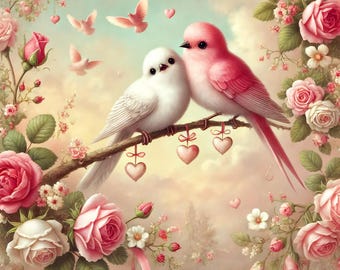 Lovebirds Valentinstag Print: Vintage Rose (Digitaler Download)