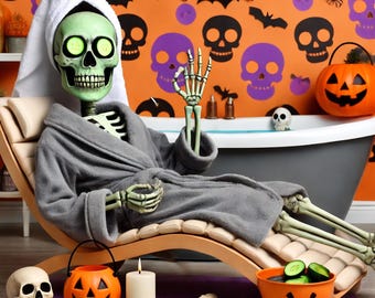 Funny Skeleton Spa Print: Gothic Halloween Bathroom Decor (Digital Download)