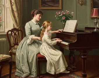 ヴィンテージな母娘のピアノレッスン絵画：クラシック音楽の装飾