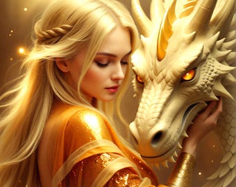 Sorceress and Dragon Art Print: Golden Enchantment Fantasy (Digital Download)