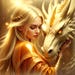 May include: A woman with long blonde hair and a gold dress is holding a white dragon sculpture with golden horns and glowing eyes.