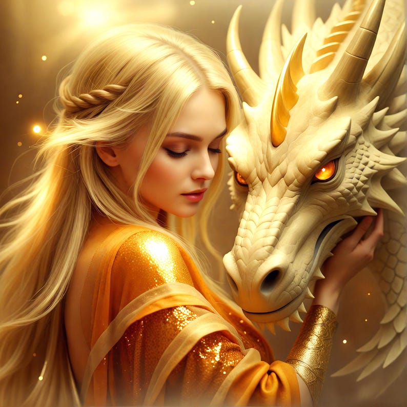 May include: A woman with long blonde hair and a gold dress is holding a white dragon sculpture with golden horns and glowing eyes.